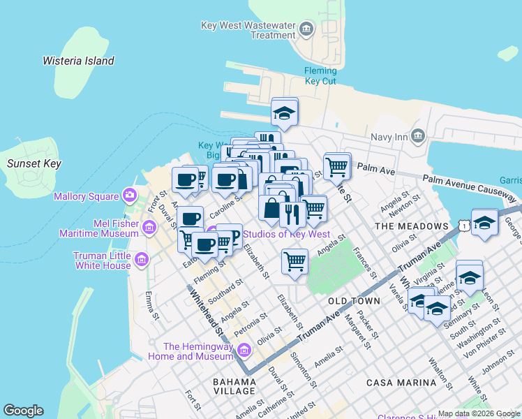 map of restaurants, bars, coffee shops, grocery stores, and more near 815 Eaton Street in Key West