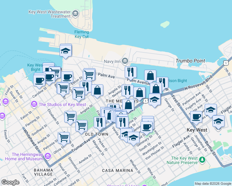 map of restaurants, bars, coffee shops, grocery stores, and more near 1411 Petronia Street in Key West