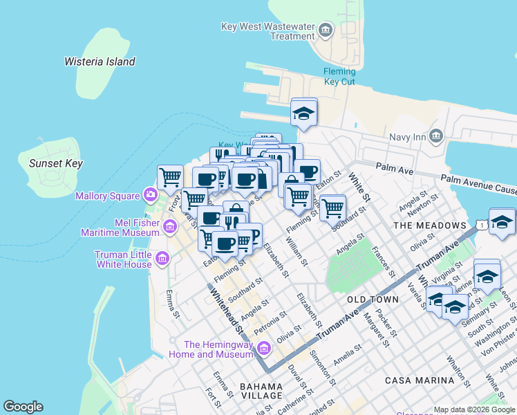 map of restaurants, bars, coffee shops, grocery stores, and more near 315 Peacon Lane in Key West