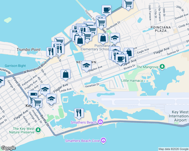 map of restaurants, bars, coffee shops, grocery stores, and more near 2810 Flagler Avenue in Key West