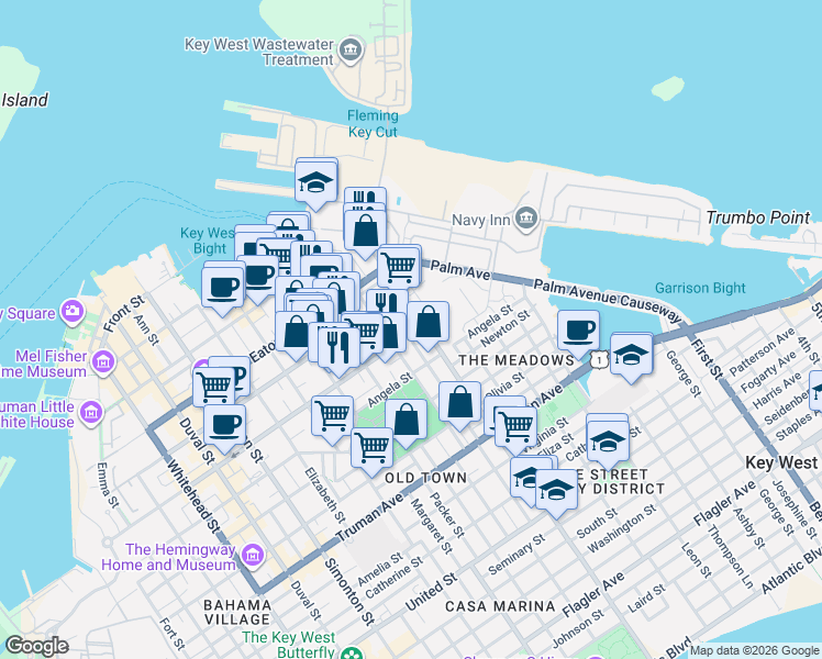map of restaurants, bars, coffee shops, grocery stores, and more near 1121 Southard Street in Key West
