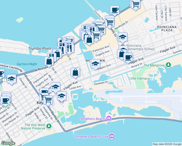 map of restaurants, bars, coffee shops, grocery stores, and more near 2618 Staples Avenue in Key West