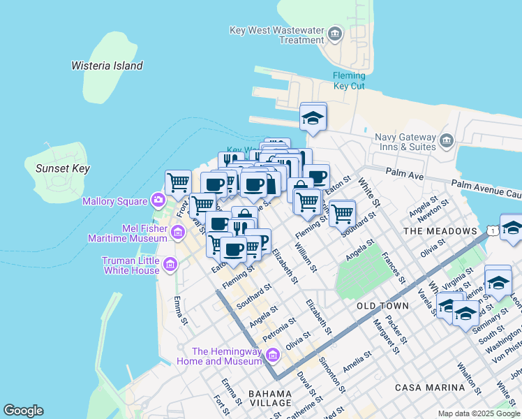 map of restaurants, bars, coffee shops, grocery stores, and more near 315 Peacon Lane in Key West