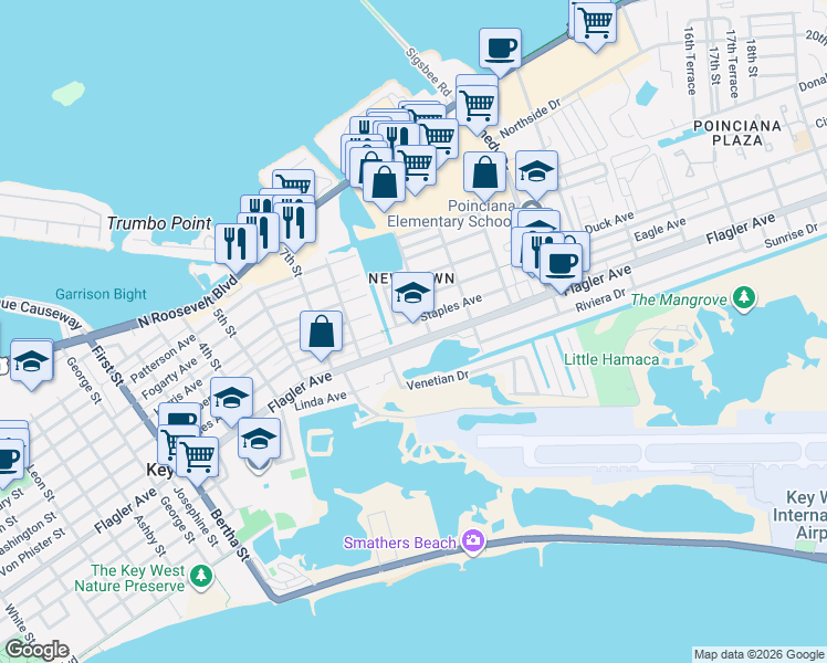 map of restaurants, bars, coffee shops, grocery stores, and more near in Key West