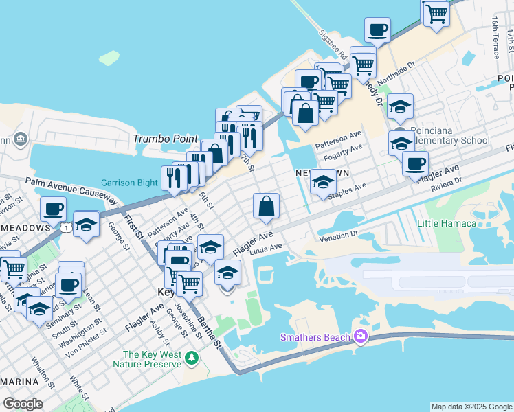 map of restaurants, bars, coffee shops, grocery stores, and more near 2404 Seidenberg Avenue in Key West