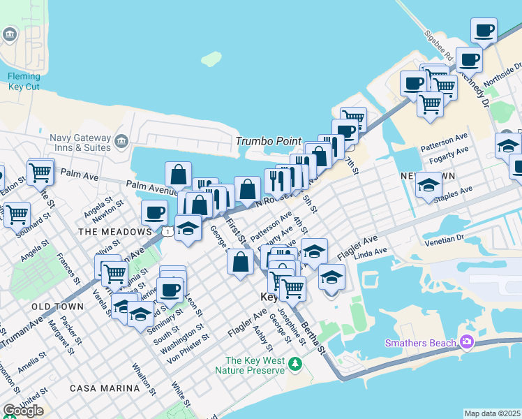 map of restaurants, bars, coffee shops, grocery stores, and more near 2000 North Roosevelt Boulevard in Key West