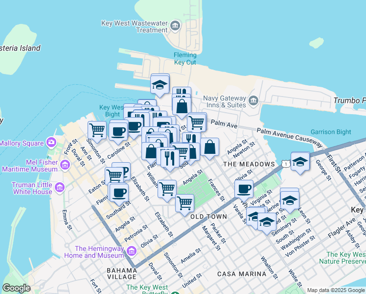map of restaurants, bars, coffee shops, grocery stores, and more near 1008 Fleming Street in Key West