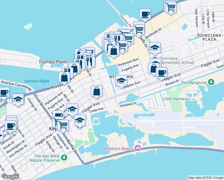 map of restaurants, bars, coffee shops, grocery stores, and more near 2618 Staples Avenue in Key West