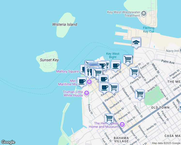 map of restaurants, bars, coffee shops, grocery stores, and more near 119 Duval Street in Key West
