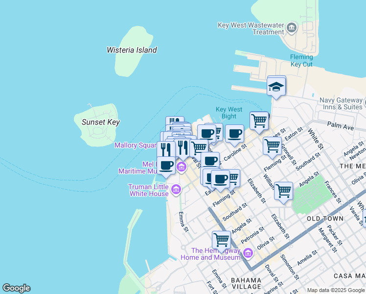 map of restaurants, bars, coffee shops, grocery stores, and more near 401 Wall Street in Key West