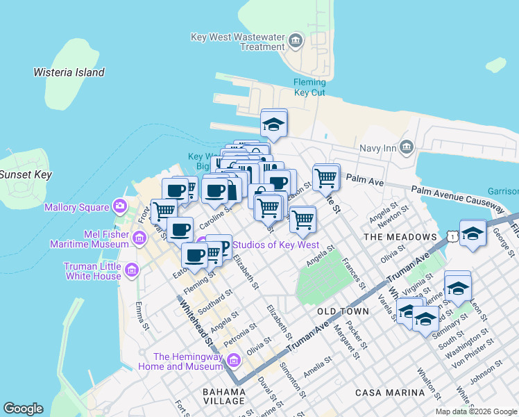 map of restaurants, bars, coffee shops, grocery stores, and more near 900 Caroline Street in Key West