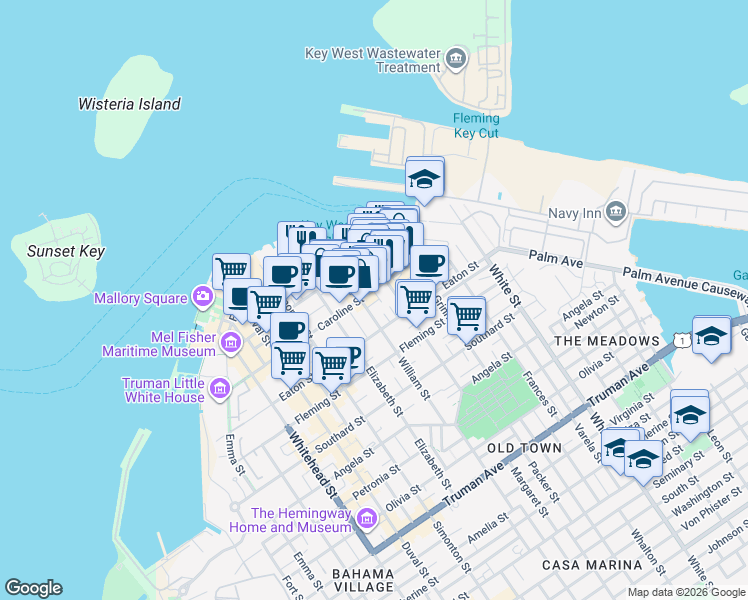 map of restaurants, bars, coffee shops, grocery stores, and more near 225 William Street in Key West