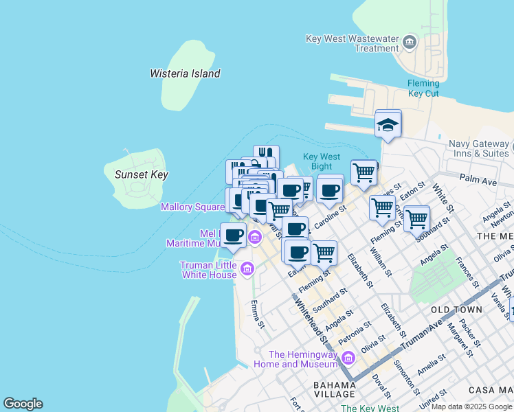map of restaurants, bars, coffee shops, grocery stores, and more near 0 Duval Street in Key West