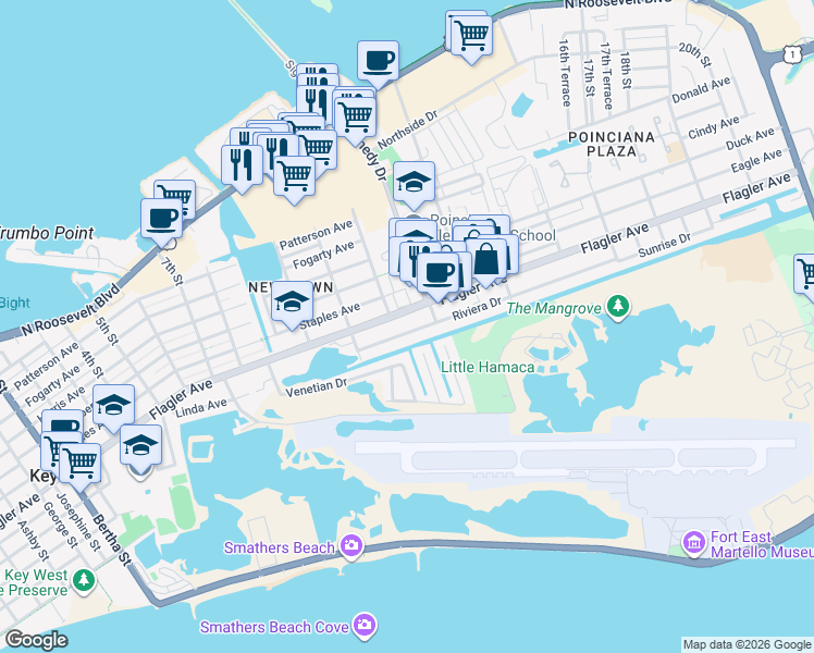map of restaurants, bars, coffee shops, grocery stores, and more near 3075 Flagler Avenue in Key West