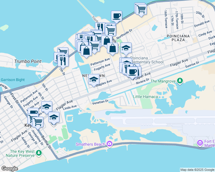map of restaurants, bars, coffee shops, grocery stores, and more near 2827 Staples Avenue in Key West