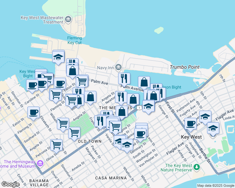 map of restaurants, bars, coffee shops, grocery stores, and more near 107B Peary Court in Key West