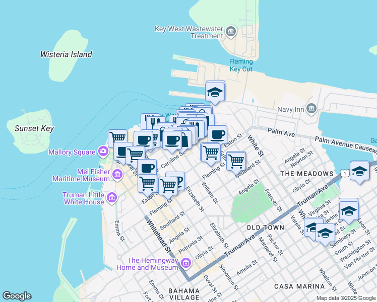 map of restaurants, bars, coffee shops, grocery stores, and more near 225 William Street in Key West