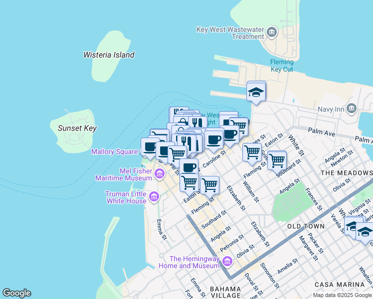 map of restaurants, bars, coffee shops, grocery stores, and more near 107 Simonton Street in Key West