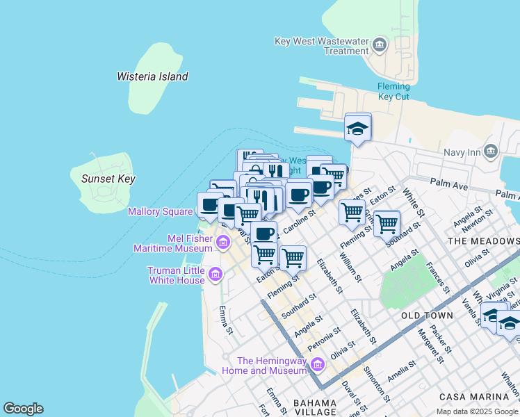 map of restaurants, bars, coffee shops, grocery stores, and more near 107 Simonton Street in Key West