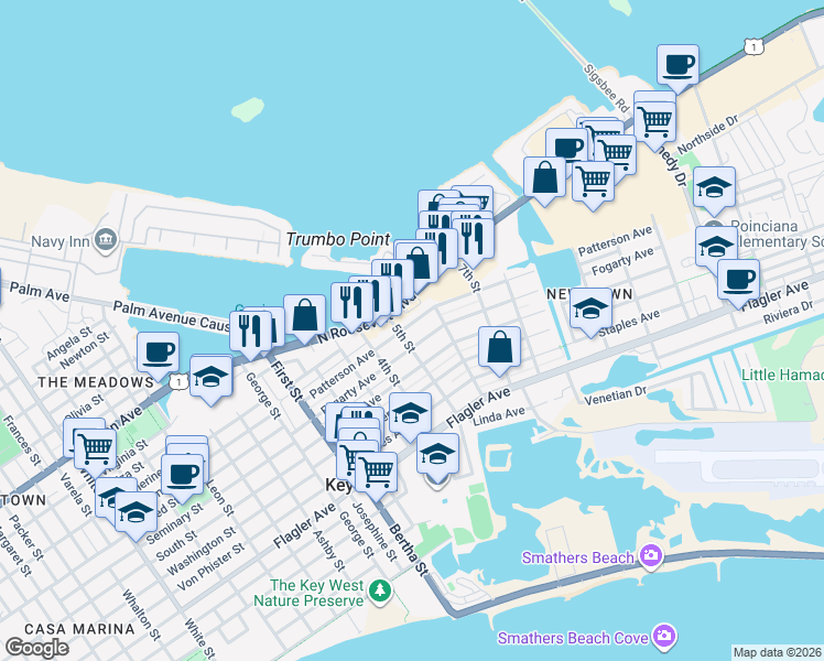 map of restaurants, bars, coffee shops, grocery stores, and more near 2302 North Roosevelt Boulevard in Key West