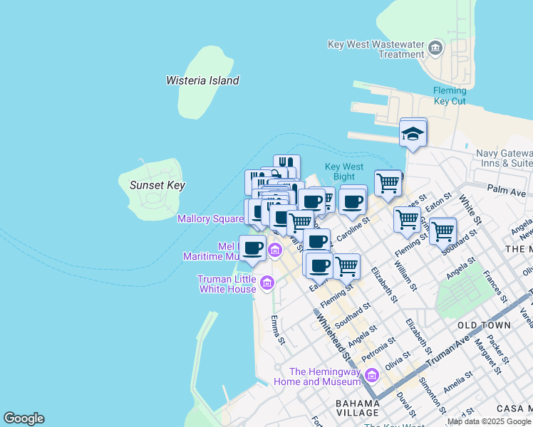 map of restaurants, bars, coffee shops, grocery stores, and more near 0 Duval Street in Key West