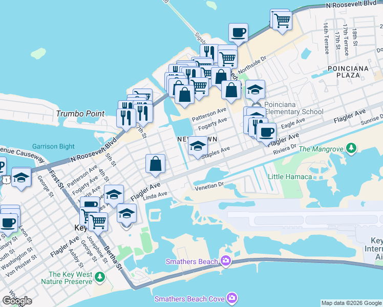 map of restaurants, bars, coffee shops, grocery stores, and more near 2722 Seidenberg Avenue in Key West