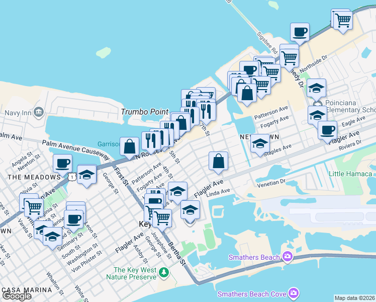 map of restaurants, bars, coffee shops, grocery stores, and more near 1200 6th Street in Key West