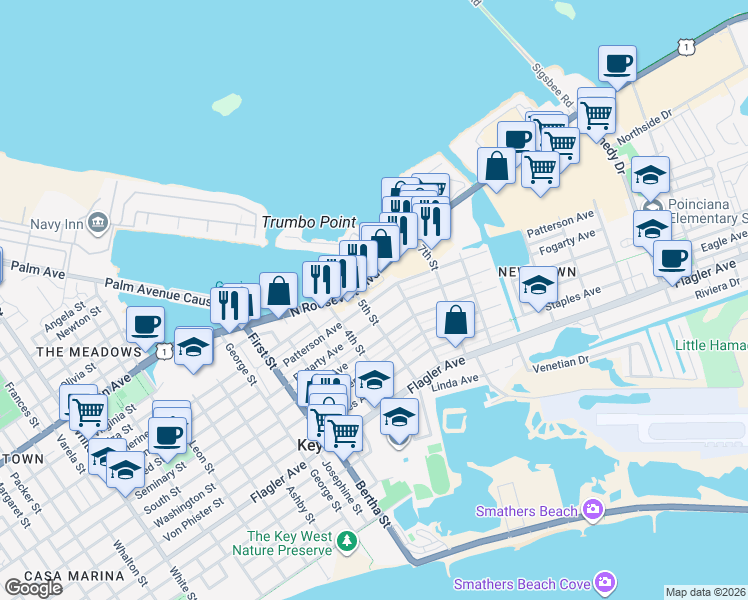 map of restaurants, bars, coffee shops, grocery stores, and more near 2302 North Roosevelt Boulevard in Key West