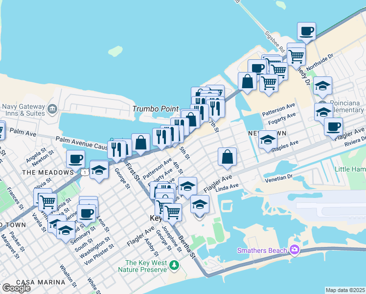 map of restaurants, bars, coffee shops, grocery stores, and more near 2302 North Roosevelt Boulevard in Key West