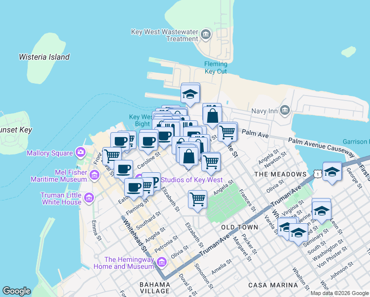 map of restaurants, bars, coffee shops, grocery stores, and more near in Key West