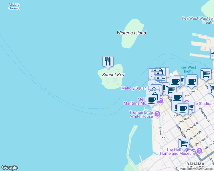 map of restaurants, bars, coffee shops, grocery stores, and more near 18 Sunset Key Drive in Key West