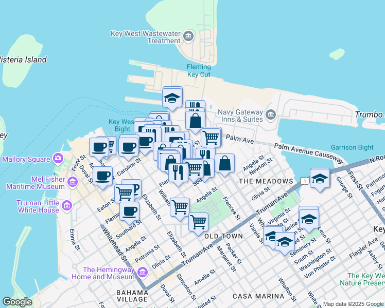map of restaurants, bars, coffee shops, grocery stores, and more near 404a Frances Street in Key West