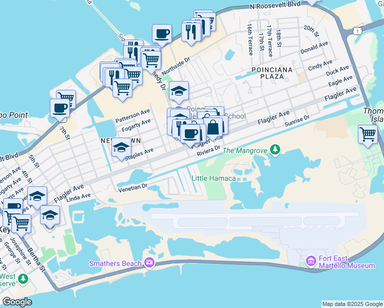 map of restaurants, bars, coffee shops, grocery stores, and more near 3100 Flagler Avenue in Key West