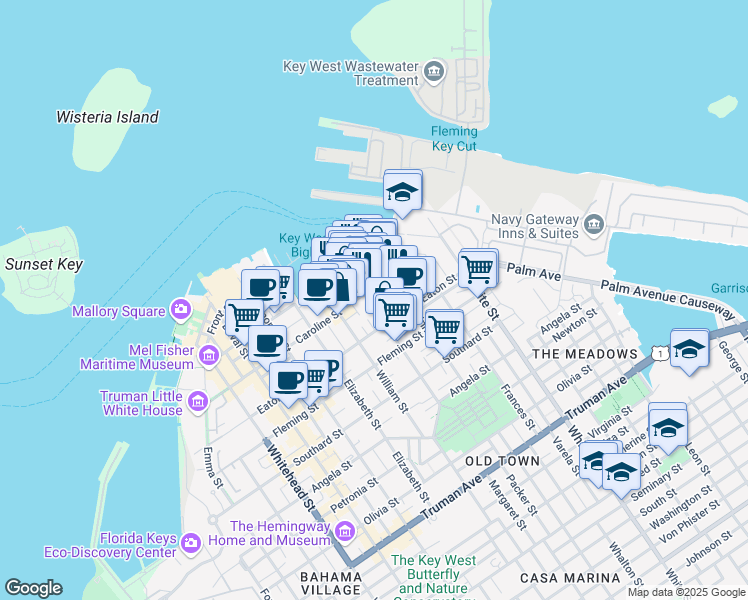 map of restaurants, bars, coffee shops, grocery stores, and more near 900 Caroline Street in Key West