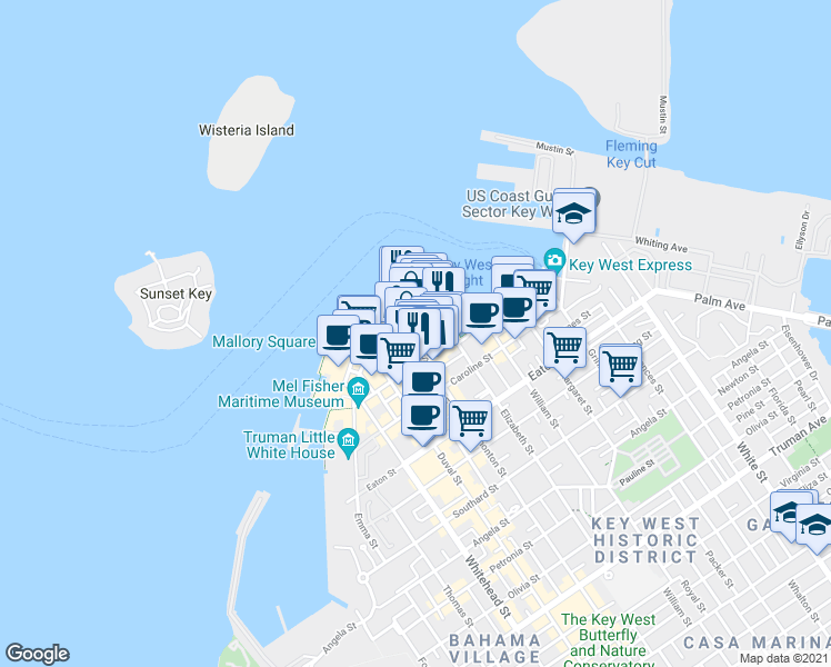 map of restaurants, bars, coffee shops, grocery stores, and more near 107 Simonton Street in Key West