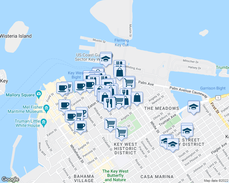 map of restaurants, bars, coffee shops, grocery stores, and more near 1020 Eaton Street in Key West