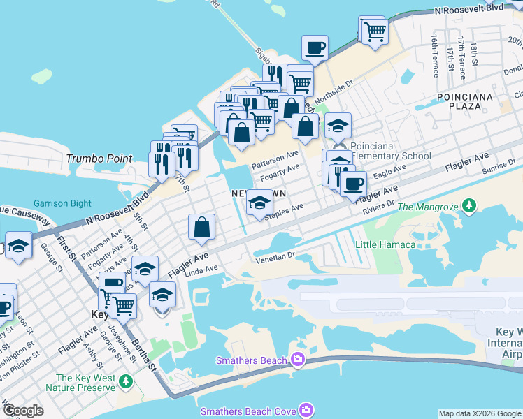 map of restaurants, bars, coffee shops, grocery stores, and more near 2722 Seidenberg Avenue in Key West