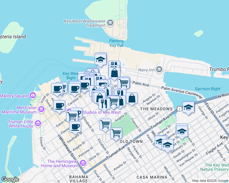 map of restaurants, bars, coffee shops, grocery stores, and more near 404a Frances Street in Key West