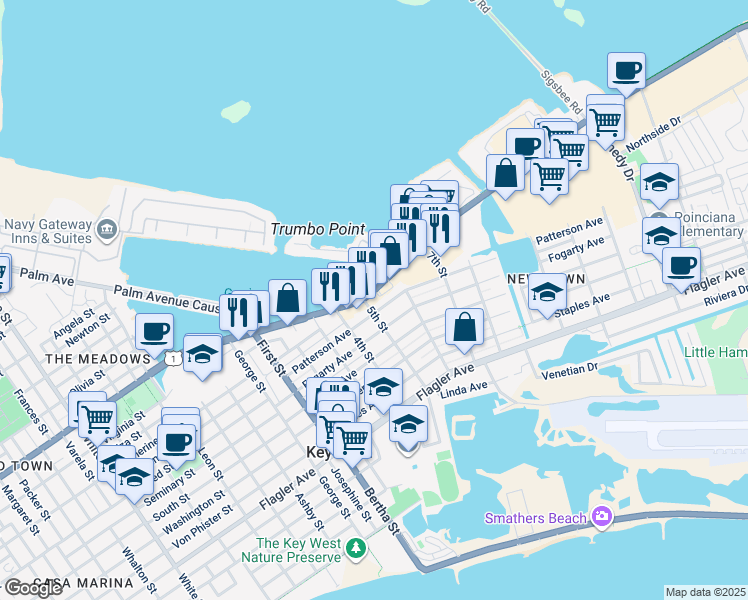 map of restaurants, bars, coffee shops, grocery stores, and more near 2302 North Roosevelt Boulevard in Key West