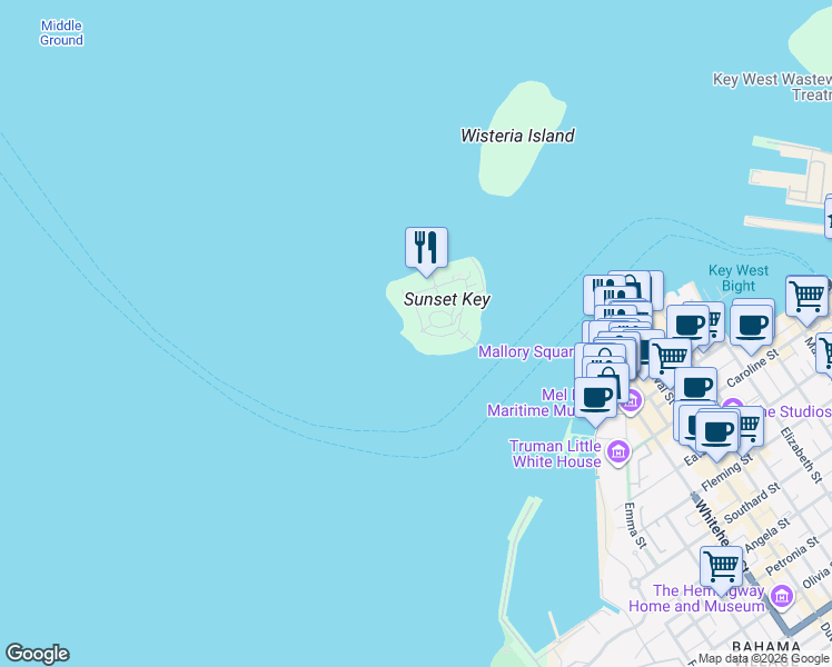 map of restaurants, bars, coffee shops, grocery stores, and more near 18 Sunset Key Drive in Key West