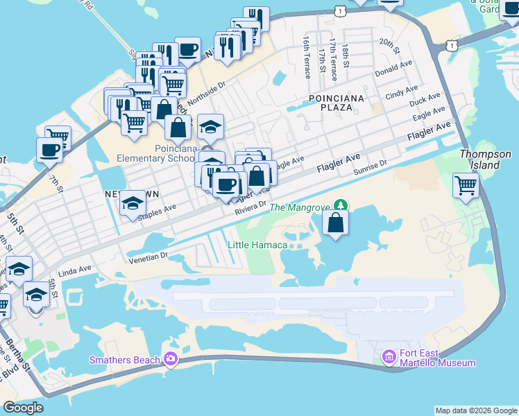 map of restaurants, bars, coffee shops, grocery stores, and more near 3202 Riviera Drive in Key West