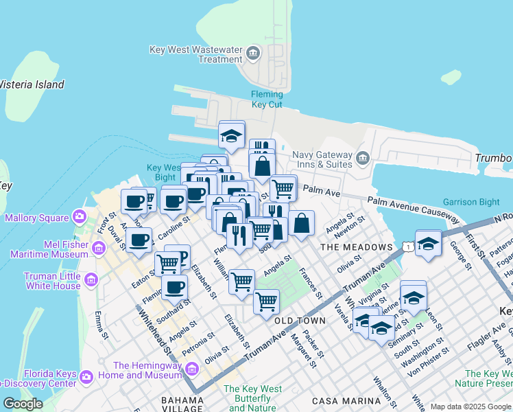 map of restaurants, bars, coffee shops, grocery stores, and more near 404a Frances Street in Key West