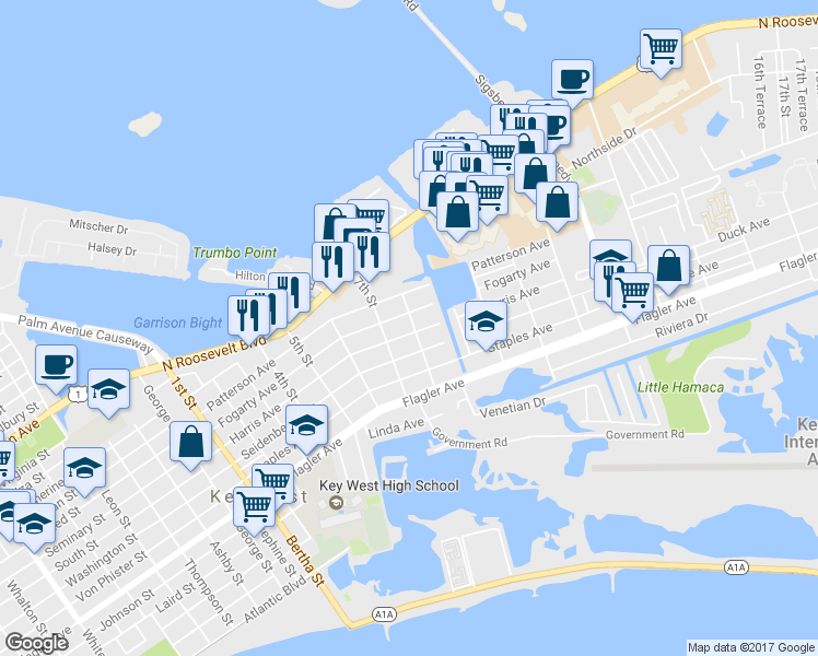 map of restaurants, bars, coffee shops, grocery stores, and more near 1310 8th St in Key West