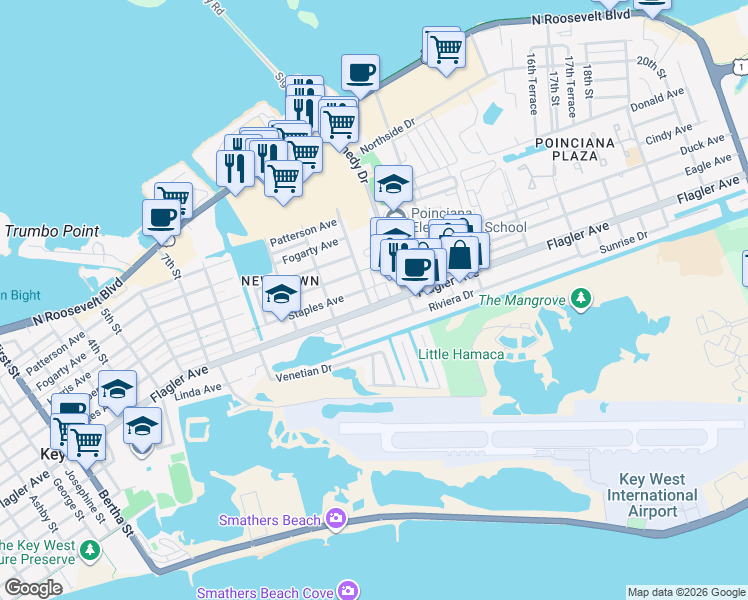 map of restaurants, bars, coffee shops, grocery stores, and more near 3075 Flagler Avenue in Key West