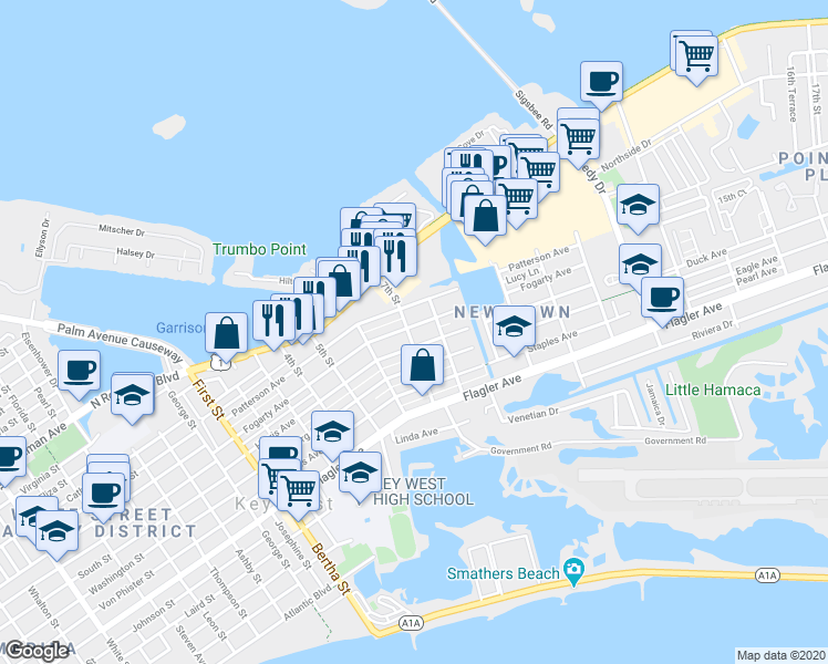 map of restaurants, bars, coffee shops, grocery stores, and more near 1301 7th Street in Key West