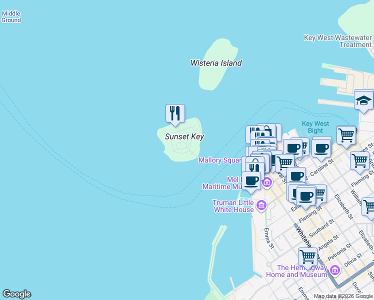 map of restaurants, bars, coffee shops, grocery stores, and more near 54 Sunset Key Drive in Key West