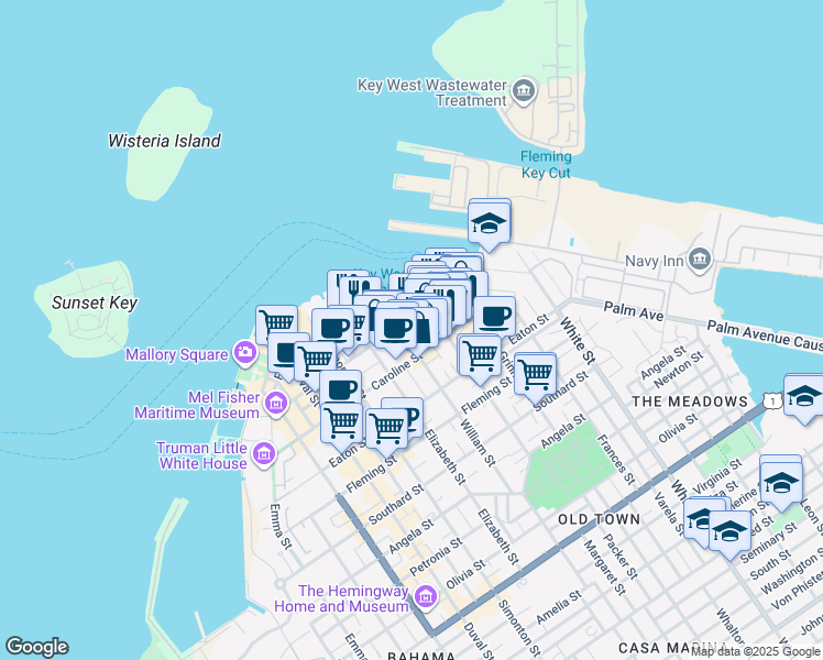 map of restaurants, bars, coffee shops, grocery stores, and more near 201 William Street in Key West