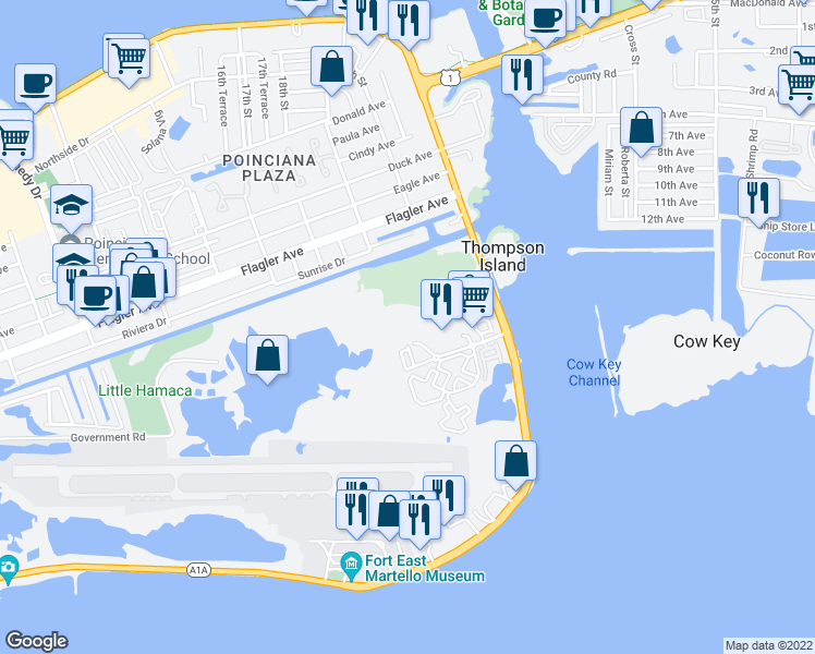 map of restaurants, bars, coffee shops, grocery stores, and more near 3655 Seaside Drive in Key West
