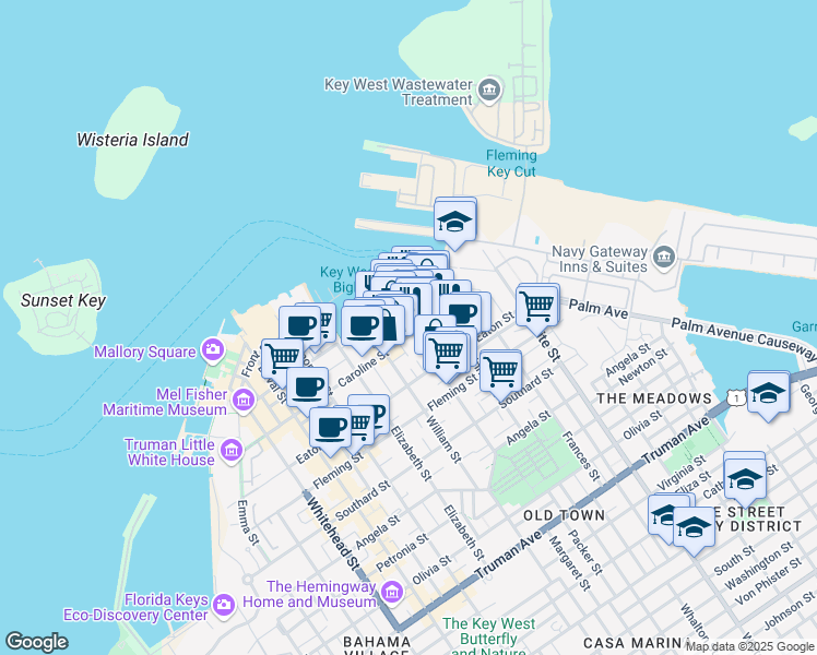 map of restaurants, bars, coffee shops, grocery stores, and more near 200 Margaret Street in Key West