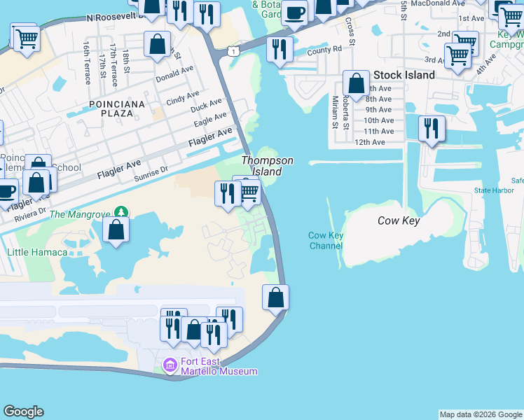 map of restaurants, bars, coffee shops, grocery stores, and more near 60 Seaside North Court in Key West